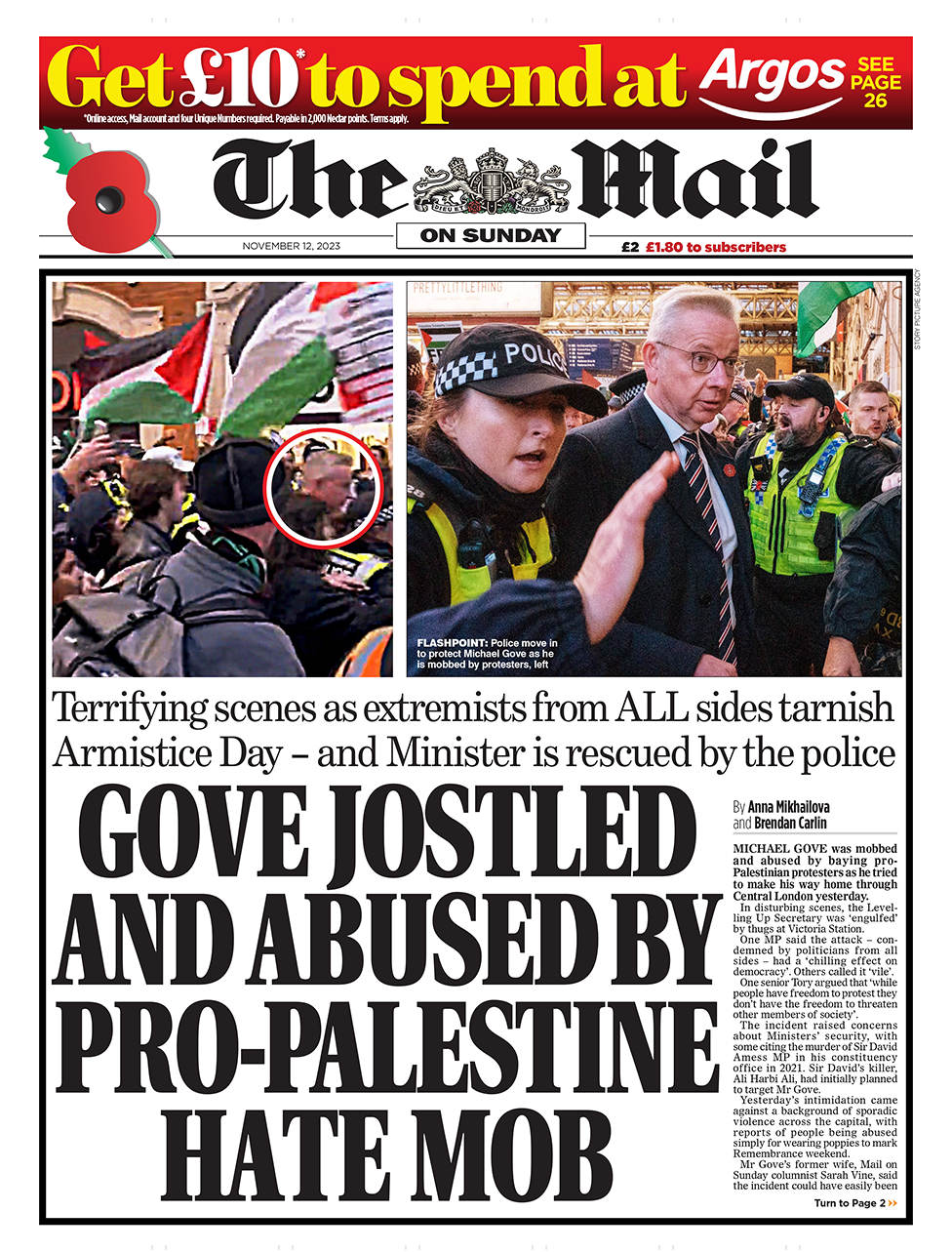 “Gove i goditur dhe i abuzuar nga turma e urrejtjes pro-palestineze”, lexon The Mail On Sunday.