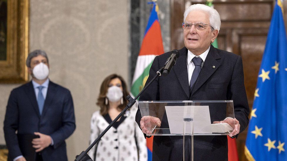 President Sergio Mattarella speaks after his re-election on Saturday evening