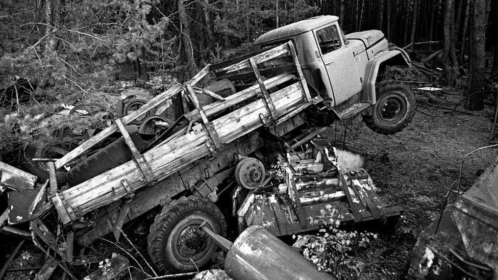 Old vehicles near Pripyat which were used during the rescue operation