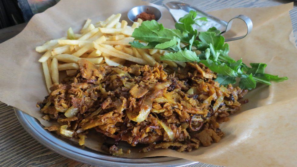 Plate of vegan "shawarma"