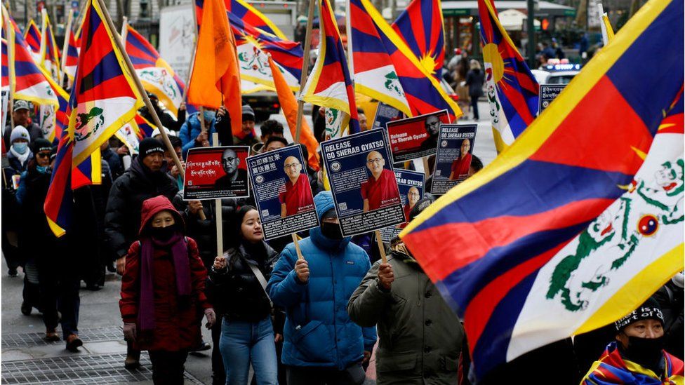 Tibetan community attend a protest during the Tibetan National Uprising Day on March 10, 2023 in New York City.