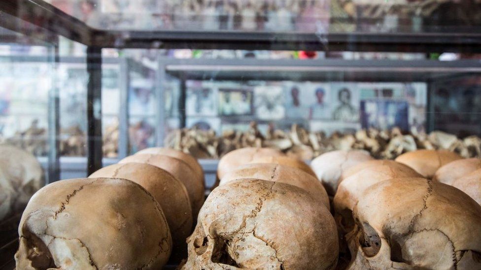 Skulls of victims of the Rwanda genocide at the Ntarama Genocide Memorial in Kigali
