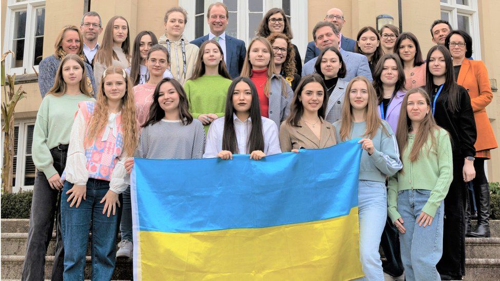 Ukrainian students, including PMBSNU visiting students, with Vice-Chancellor and staff at Swansea University