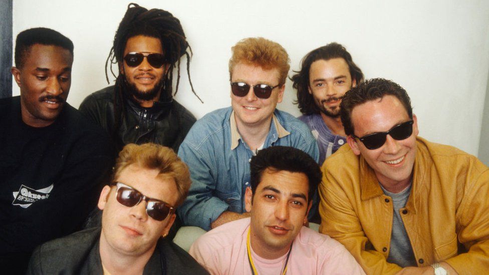 UB40 members Ali Campbell, Astro, Mickey Virtue, Jimmy Brown, Robin Campbell, Earl Falconer and Norman Hassan in 1988
