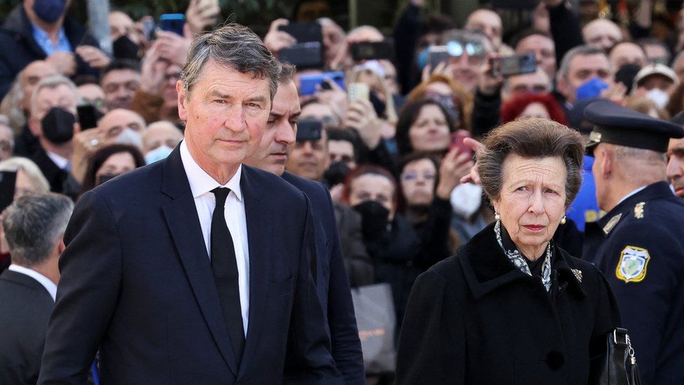 Princess Anne and her husband Vice Admiral Sir Timothy Laurence were pictured in front of crowds of mourners