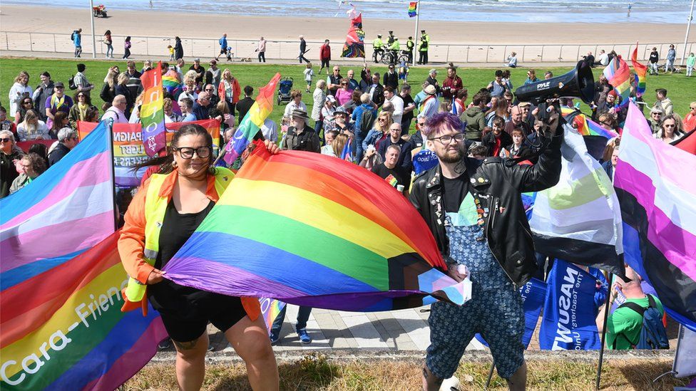 People gathered at Portrush's first Pride rally on Saturday.