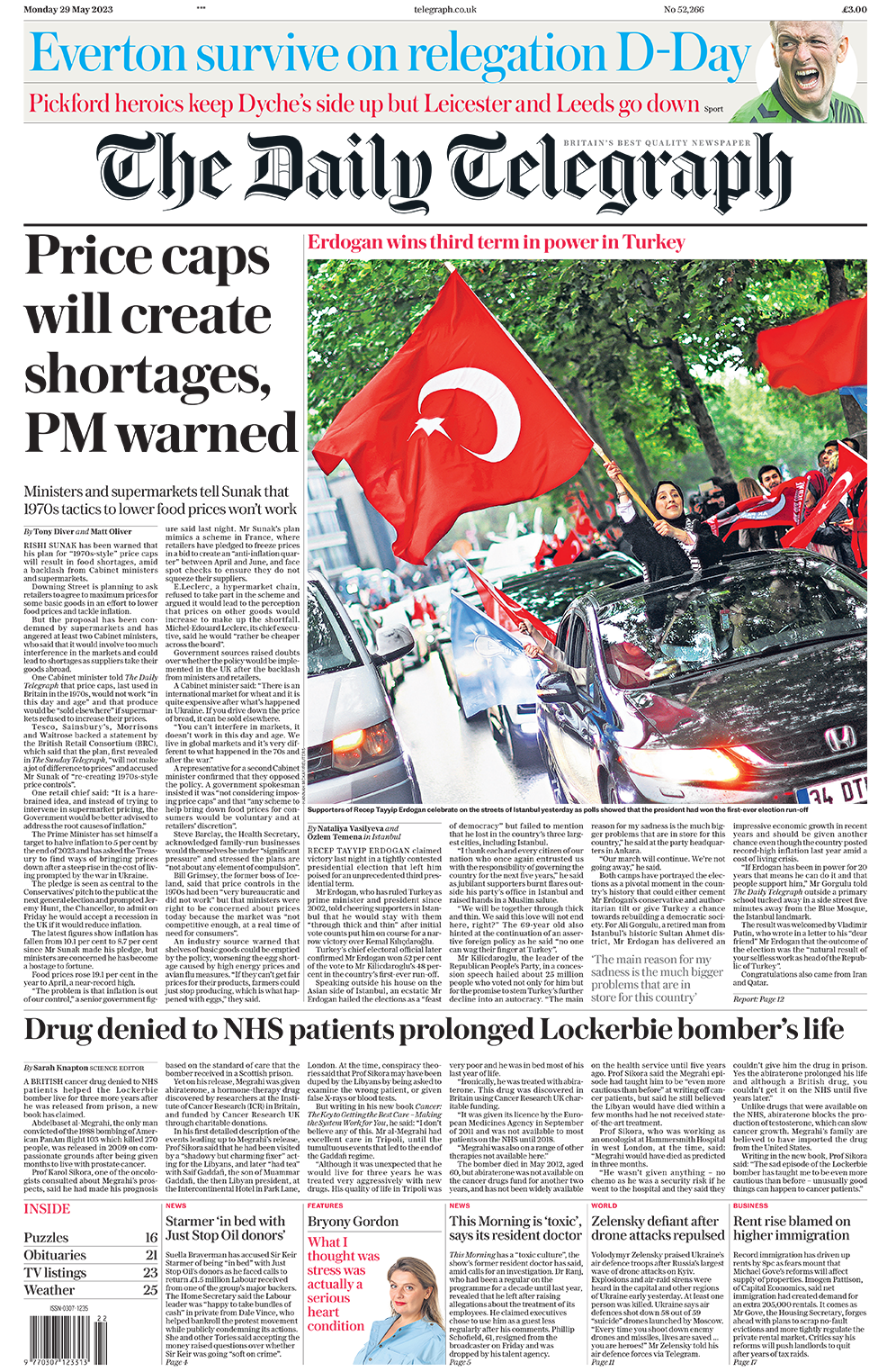 The main headline on the front page of the Daily Telegraph reads "Price caps will create shortages, PM warned"