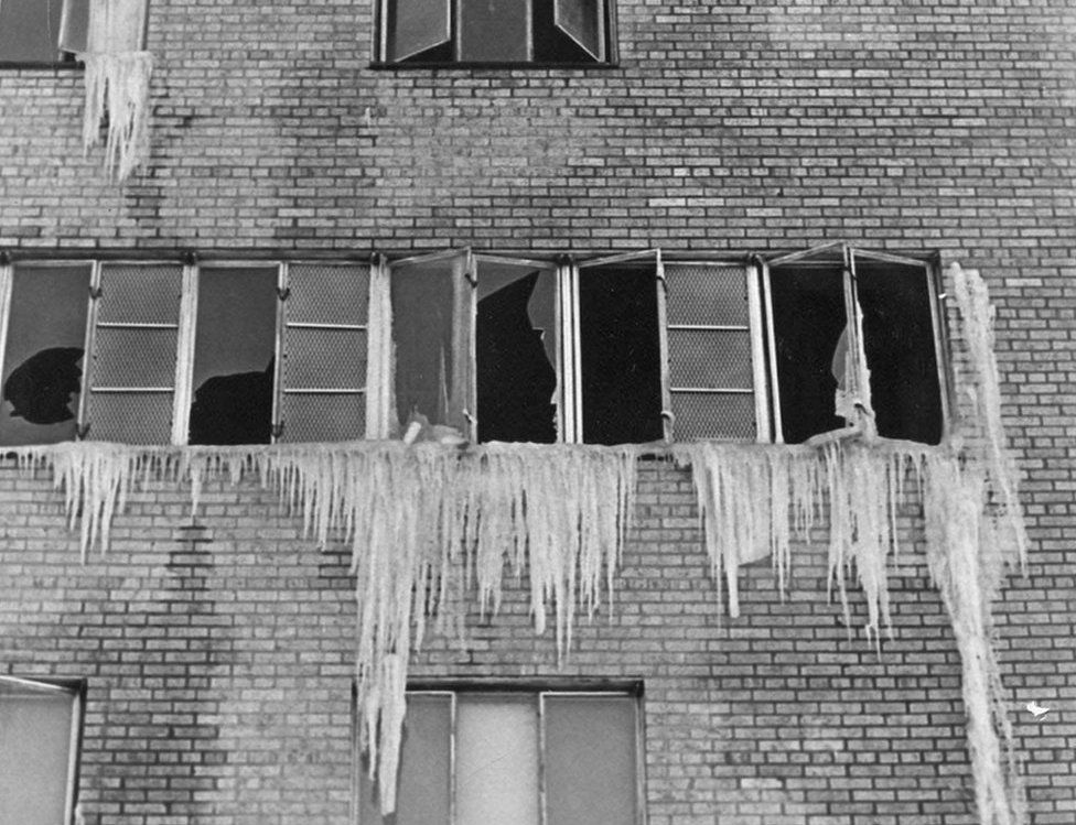 Ice from water pipes at the Pruitt-Igoe housing project burst during a cold wave in January 1970.