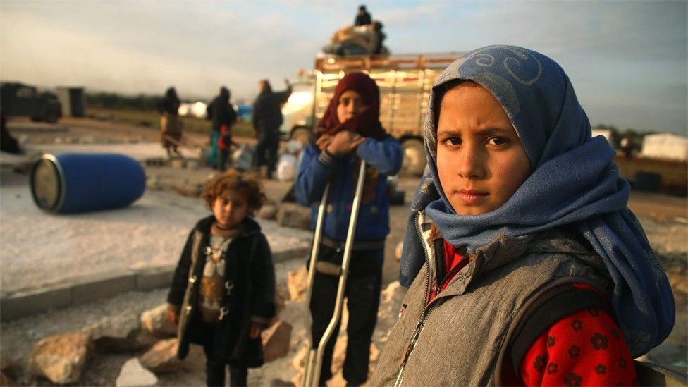 Syrian children at a camp for displaced people east of Sarmada, Idlib province (16 February 2020)