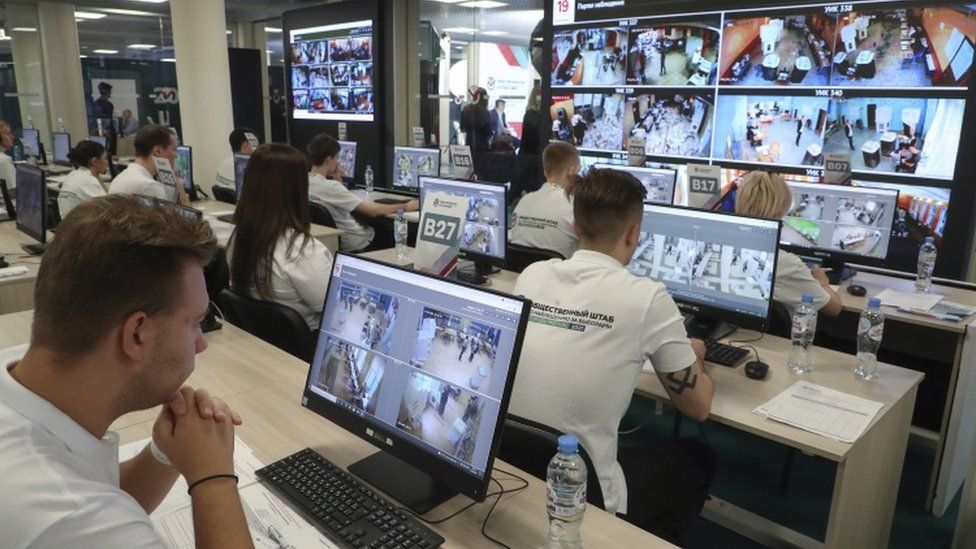 Volunteers observe remotely for Russian Parliamentary elections at the Moscow Public Election Monitoring Centre in Moscow, Russia, 17 September 2021