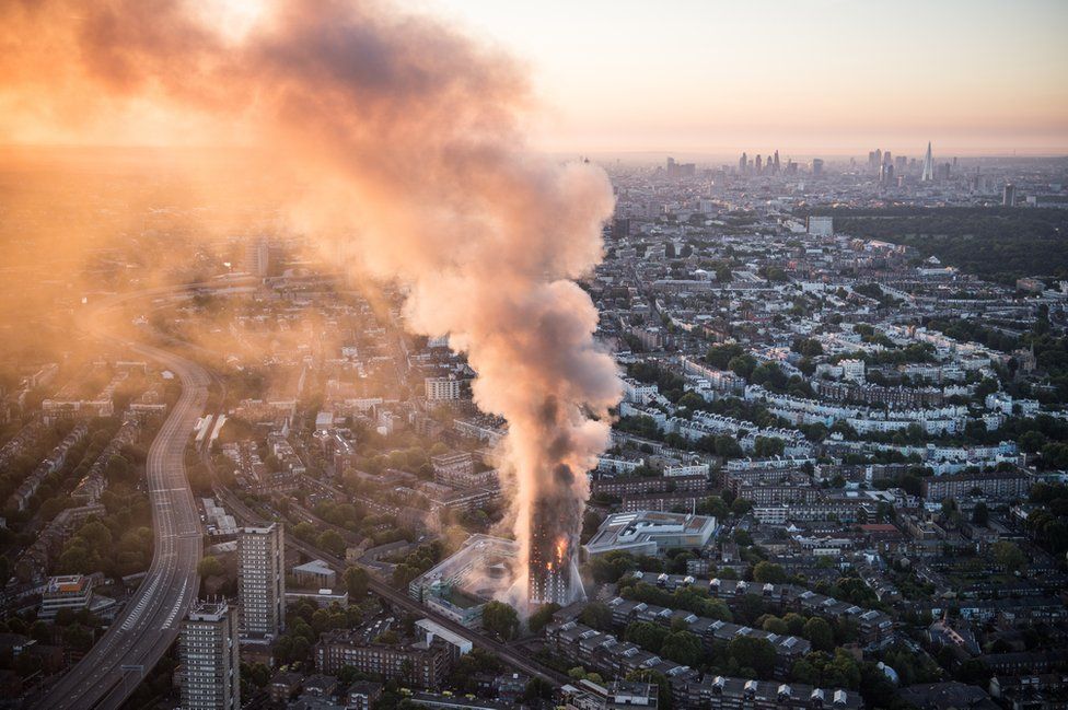 Aerial view of smoke and flames rising from Grenfell Tower block in west London, 14 June 2017