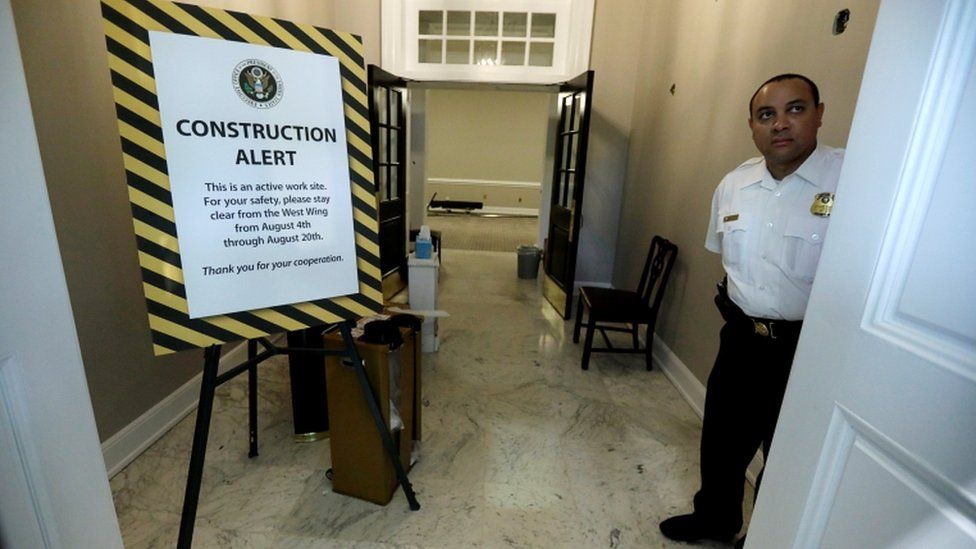 a sign says White House workers are ordered to stay away until construction is complete