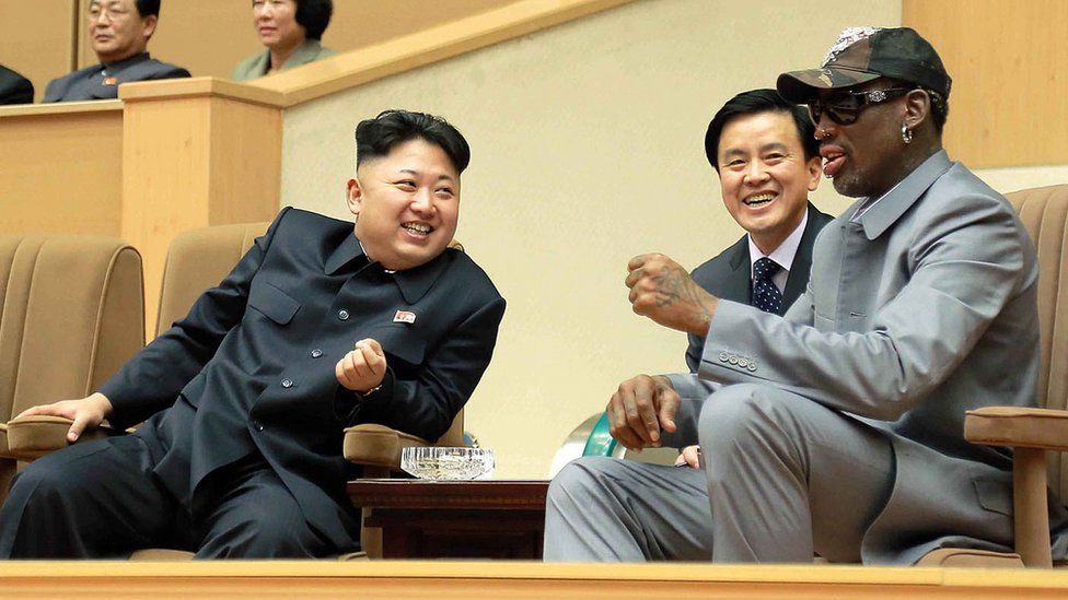 Kim Jong-un and Dennis Rodman watching a basketball game in Pyongyang in January 2014