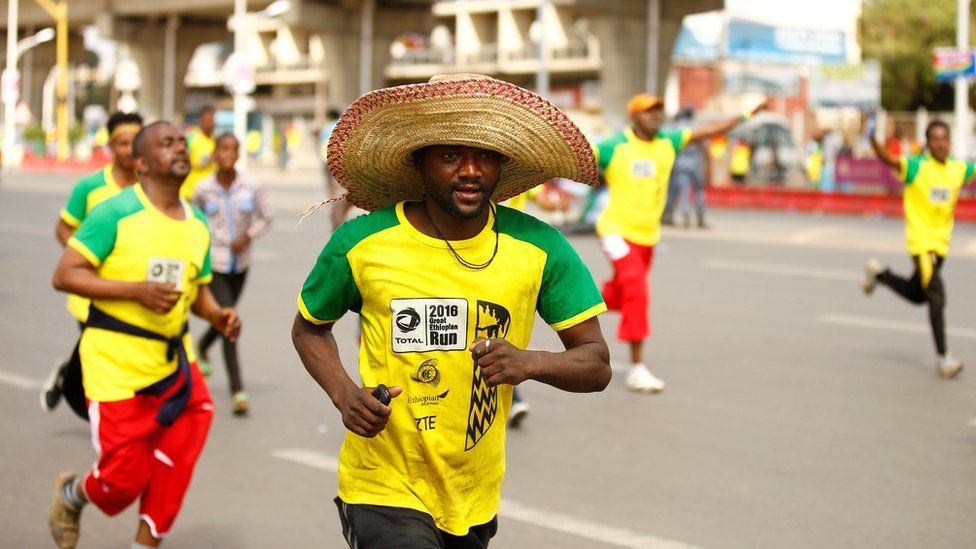 Runner in Sombrero takes part in the Great Ethiopian Run in Addis Ababa, Ethiopia - Sunday 20 November 2016