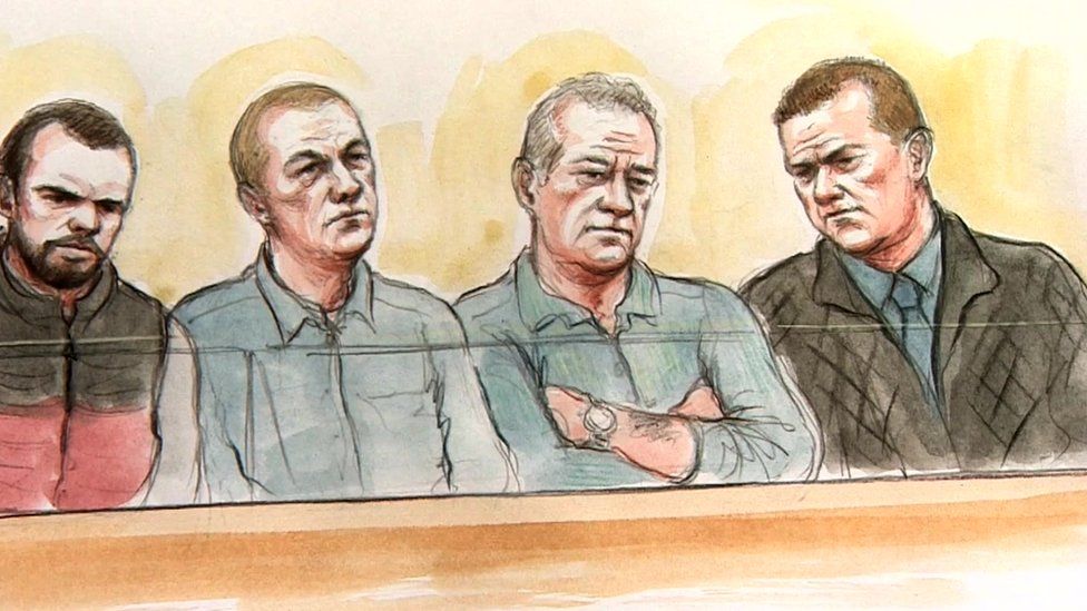 Court sketch of the defendants: Layton Davies, George Powell, Paul Wells and Simon Wicks
