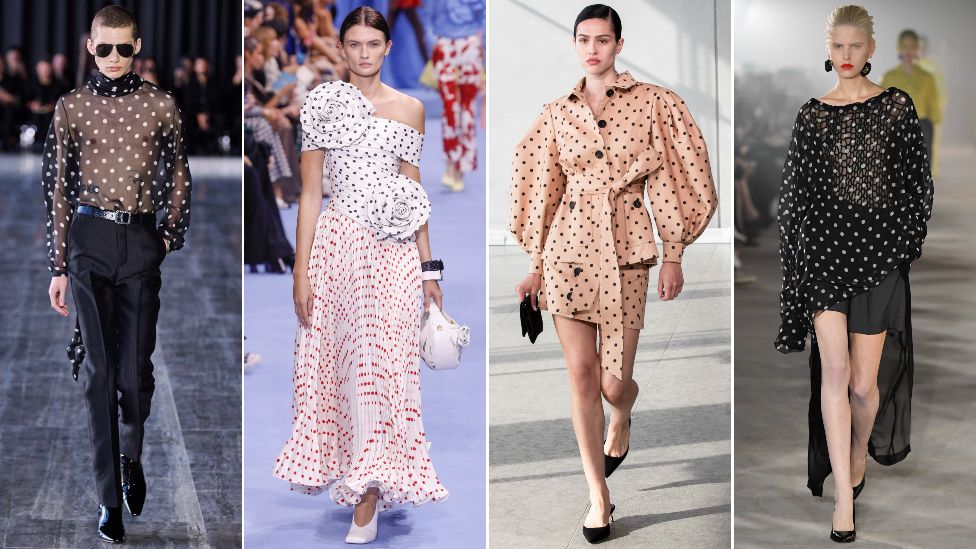Composite image of models wearing designs by Saint Laurent, Balmain, Carolina Herrera and Undercover