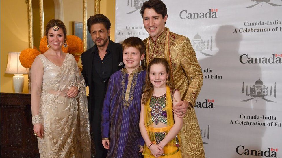Canadian Prime Minister Justin Trudeau, his wife Sophie Grégoire, daughter, Ella-Grace, and son, Xavier James, pose for a photograph with Bollywood actor Shahrukh Khan in Mumbai on 20 February, 2018.