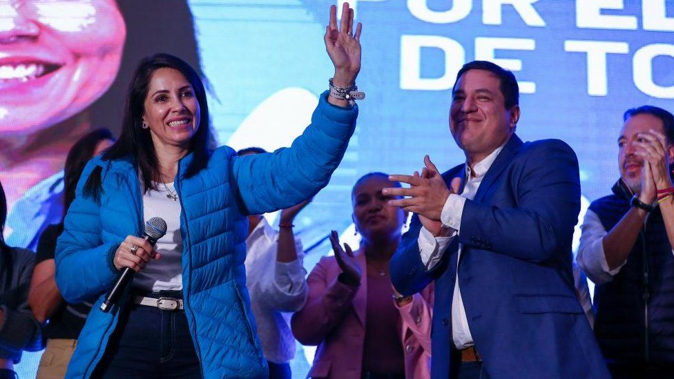 Presidential candidate Luisa Gonzalez (L), along with her partner Andres Arauz (R), speaks after her defeat at the polls in Quito, Ecuador, 15 October 2023.