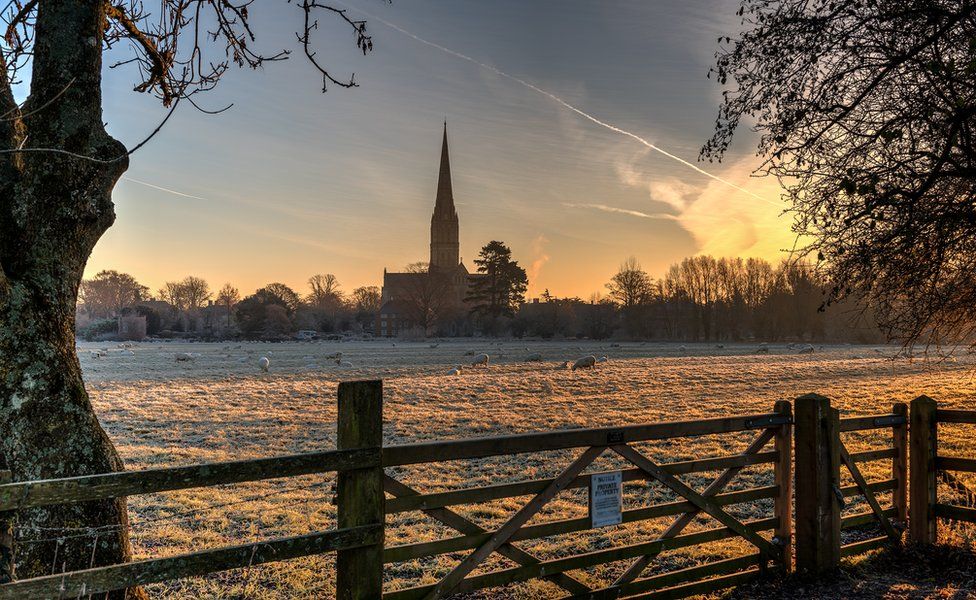 A frost field looking across towards Salisbury Cathedral