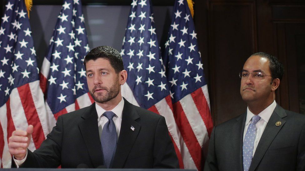 Rep. Will Hurd and Rep Paul Ryan speak during a news conference with House GOP leadership following the weekly Republican Conference meeting