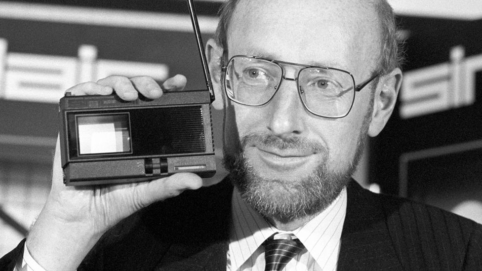 Clive Sinclair at the launch of the Sinclair 2-inch pocket television, in London, on 16 September 1983