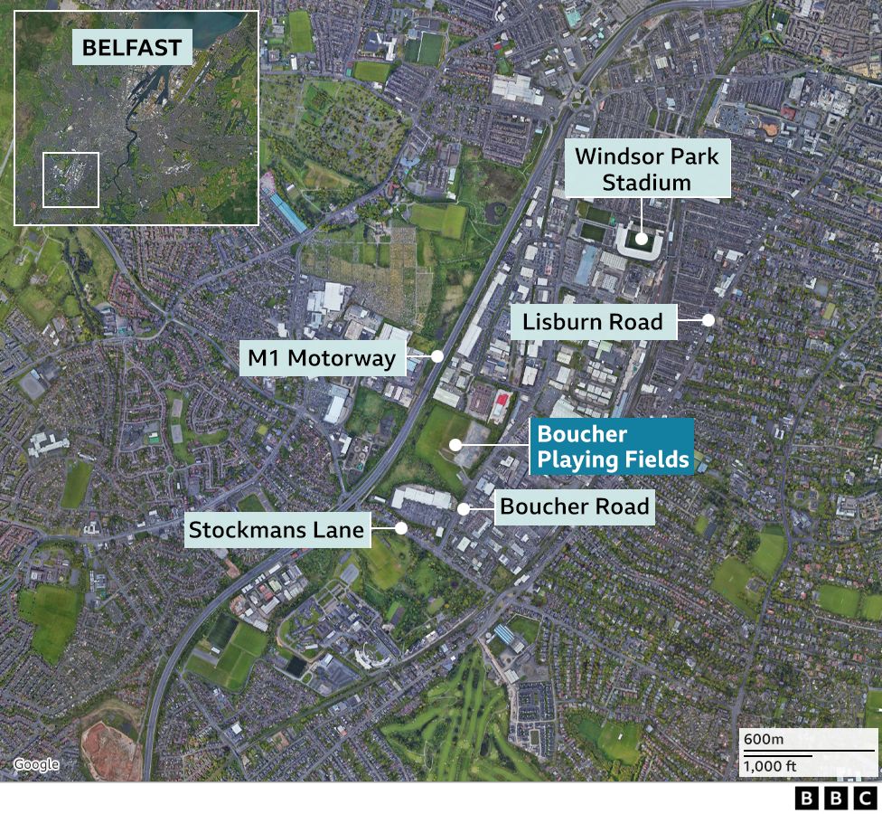 Map showing the location of Boucher playing fields in relation to the Boucher Road, Lisburn Road, and M1 motorway