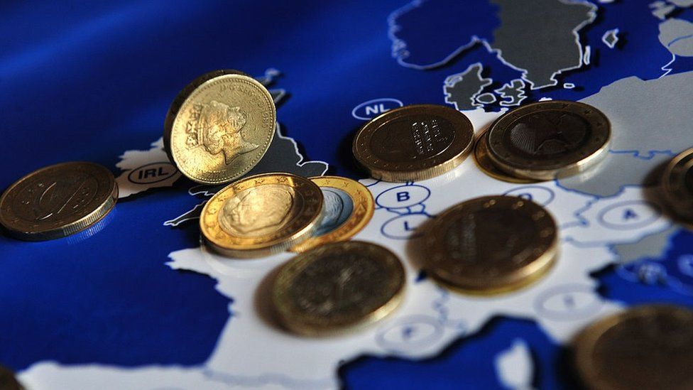 Pounds coins and euros on map