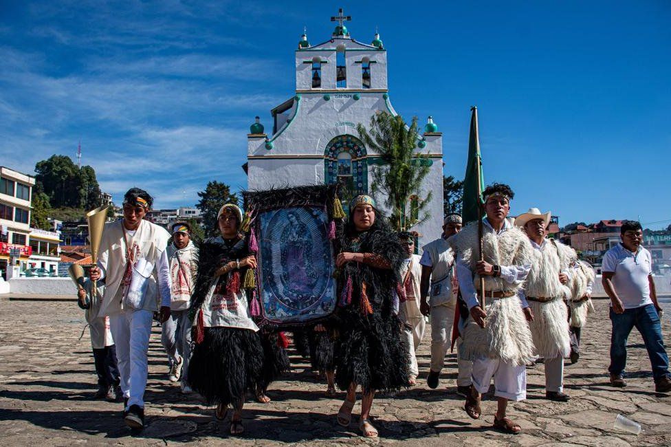 Indigenous people participate in a pilgrimage to the Basilica of Guadalupe in the Mexican capital, from the municipality of San Cristobal de las Casas, state of Chiapas, Mexico, 02 December 2023.