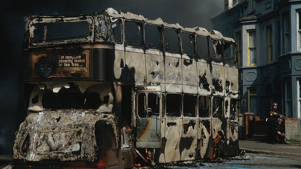 A bus burnt out after the 1981 Hunger Strikes