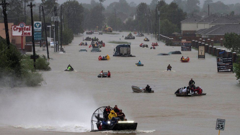 Boat evacuation in Houston, Texas from Tropical Storm Harvey