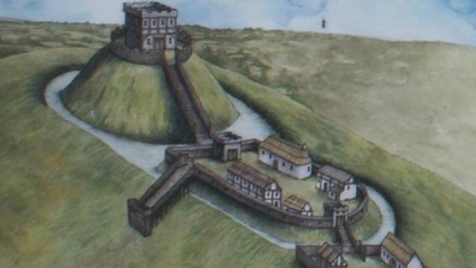 Artist's impression shows a castle on a hill with settlement below