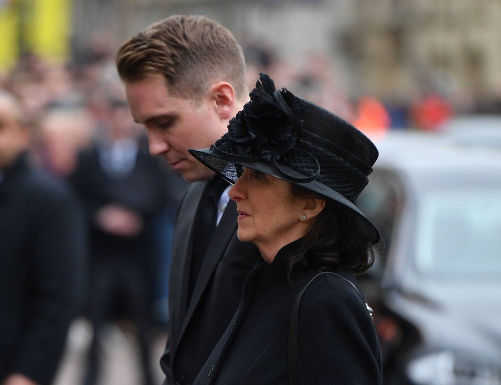 Jane Hawking, the first wife of Professor Stephen Hawking and their son Timothy, attend his funeral at University Church of St Mary the Great in Cambridge