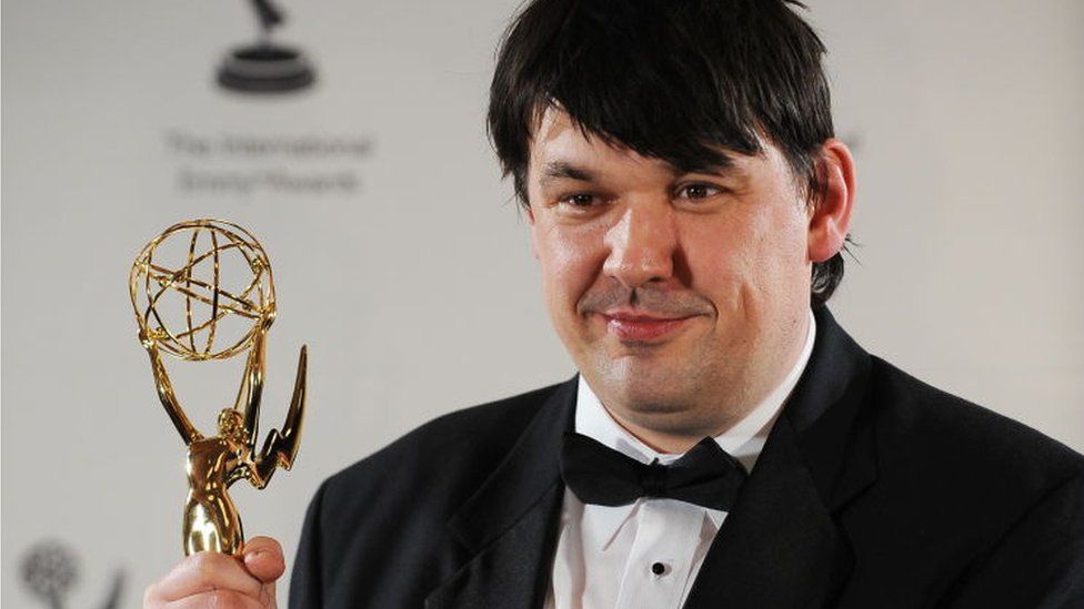 Graham Linehan with Emmy award for The IT Crowd