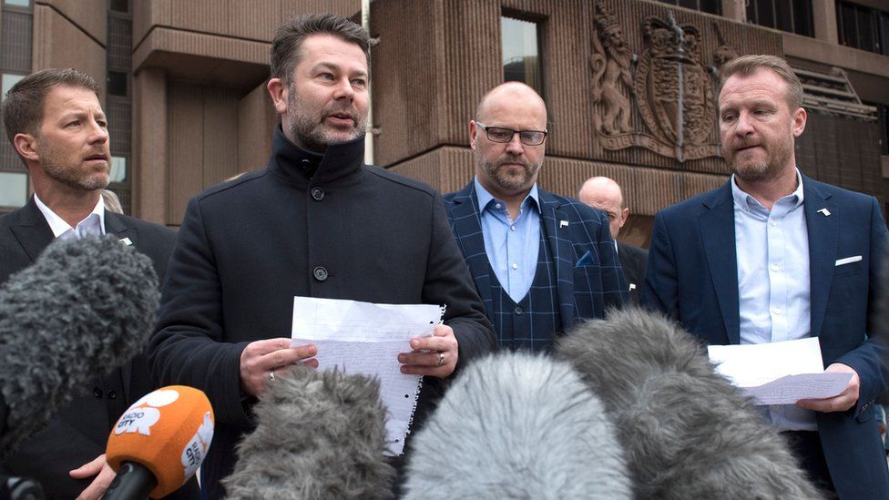 Abuse victims of former football coach Barry Bennell (L-R) Steve Walters, Gary Cliffe, Chris Unsworth and Micky Fallon speak outside Liverpool Crown Court on 19 February 2018