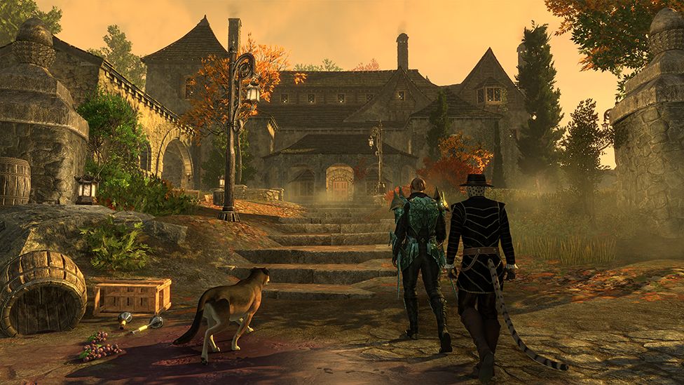 Screenshot from Elder Scrolls Online shows two humanoid characters - one human and one with a tail - approaching a large, manor-house style building at sunset. Some fog lines the approach, which is littered with barrels and similar items, and a big cat companion walks alongside them.