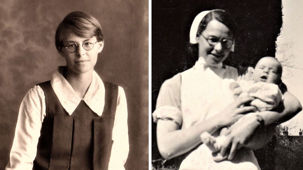 Mollie pictured as a schoolgirl (left) and as an adult, looking after her niece Christine