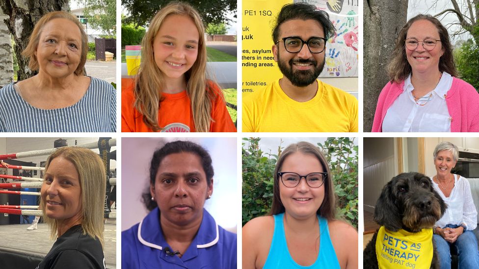 A collage of eight winners of BBC Radio Cambridgeshire's Make a Difference Awards. They are all different ages and genders - and the dog is wearing a yellow neckerchief. 