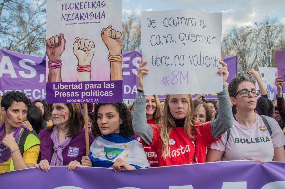 Women's rights protesters in Madrid, 8 Mar 19
