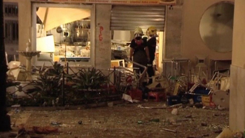 A view of the scene after a gas cylinder exploded in a cafe in Velez-Malaga, Spain, in a still image taken from video