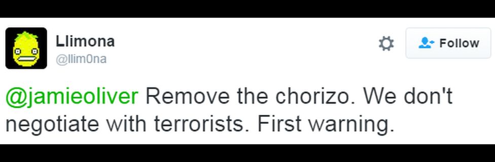 A tweet reads: "@jamieoliver Remove the chorizo. We don't negotiate with terrorists. First warning."