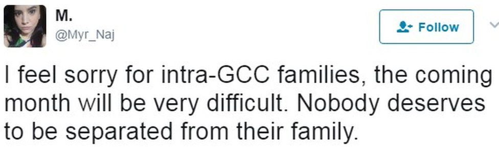 "I feel sorry for intra-GCC families, the coming month will be very difficult. Nobody deserves to be separated from their family."
