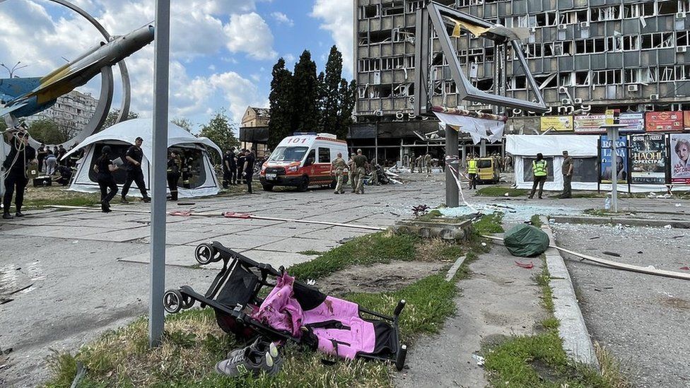 A stroller on its side near the scene of the rocket attack in Vinnytsia