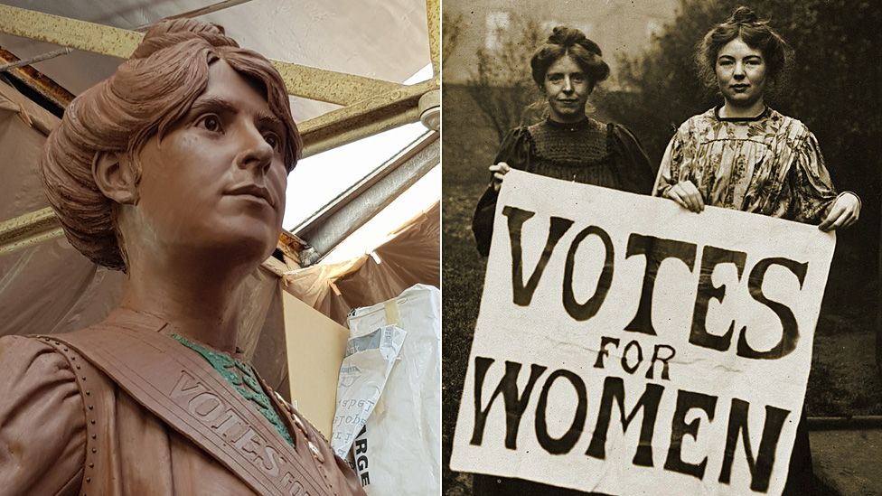Annie Kenney design and picture of her with Christabel Pankhurst holding Votes for Women banner