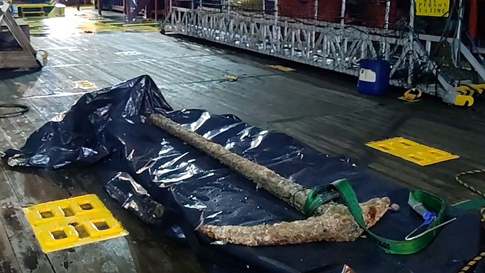 East Anglia One windfarm anchor find on deck of boat