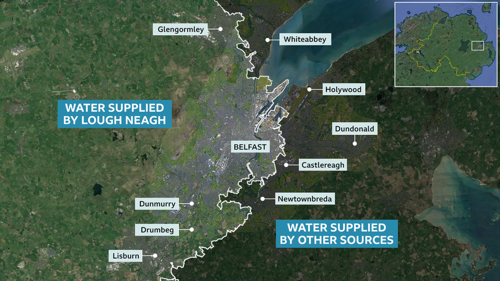close-up of Belfast, showing the dividing line between areas where tap water comes from Lough Neagh (in the west) and where it doesn't (in the east)