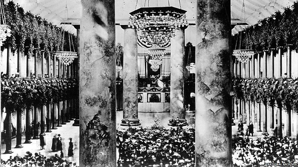 The Inaugural Ballroom in the Pension Office Building, currently the National Building Museum, is decorated for President William H. Taft January 20, 1909