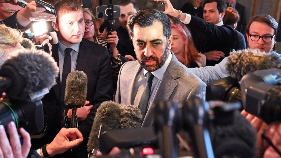 Scottish First Minister Humza Yousaf faces the media following First Minister's Questions in the Scottish Parliament, on April 20,
