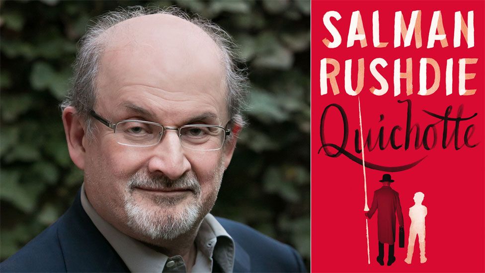Salman Rushdie and the book jacket for Quichotte