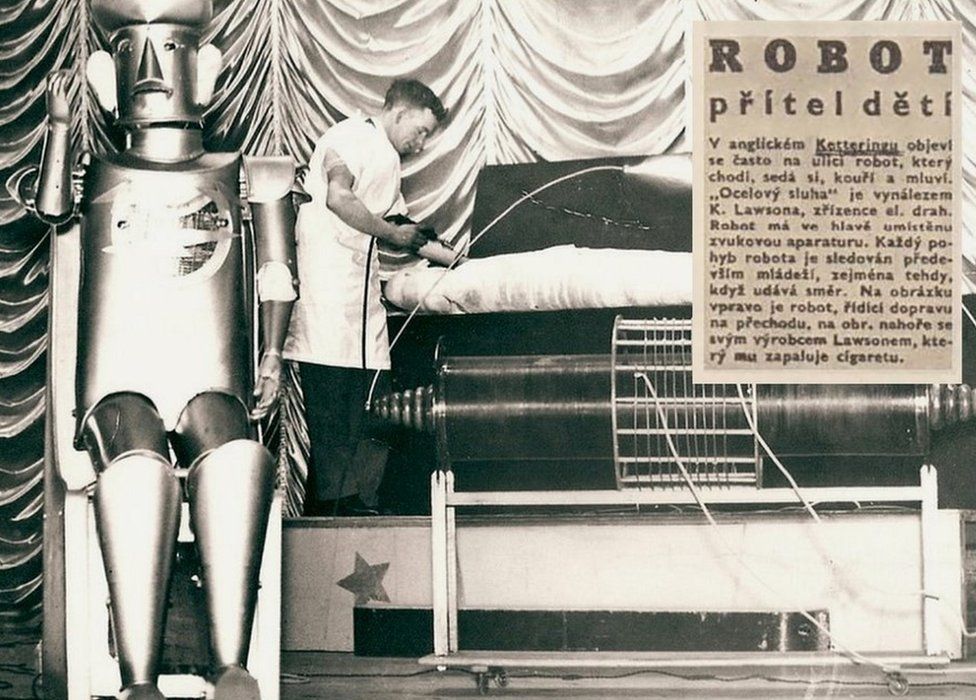 Robot, Mr Lawson and inset Czech newspaper article