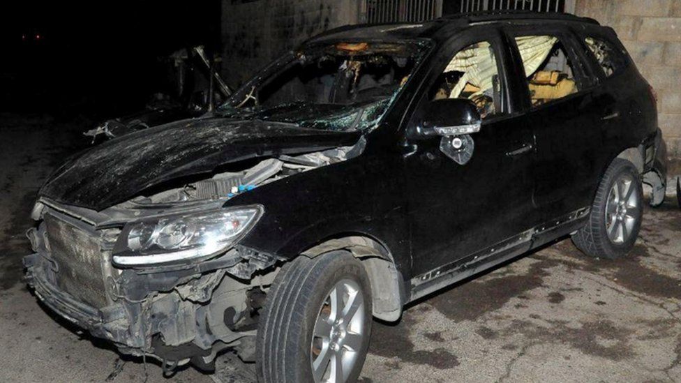 Sheikh Afiyuni's car after the attack - Sana news agency handout